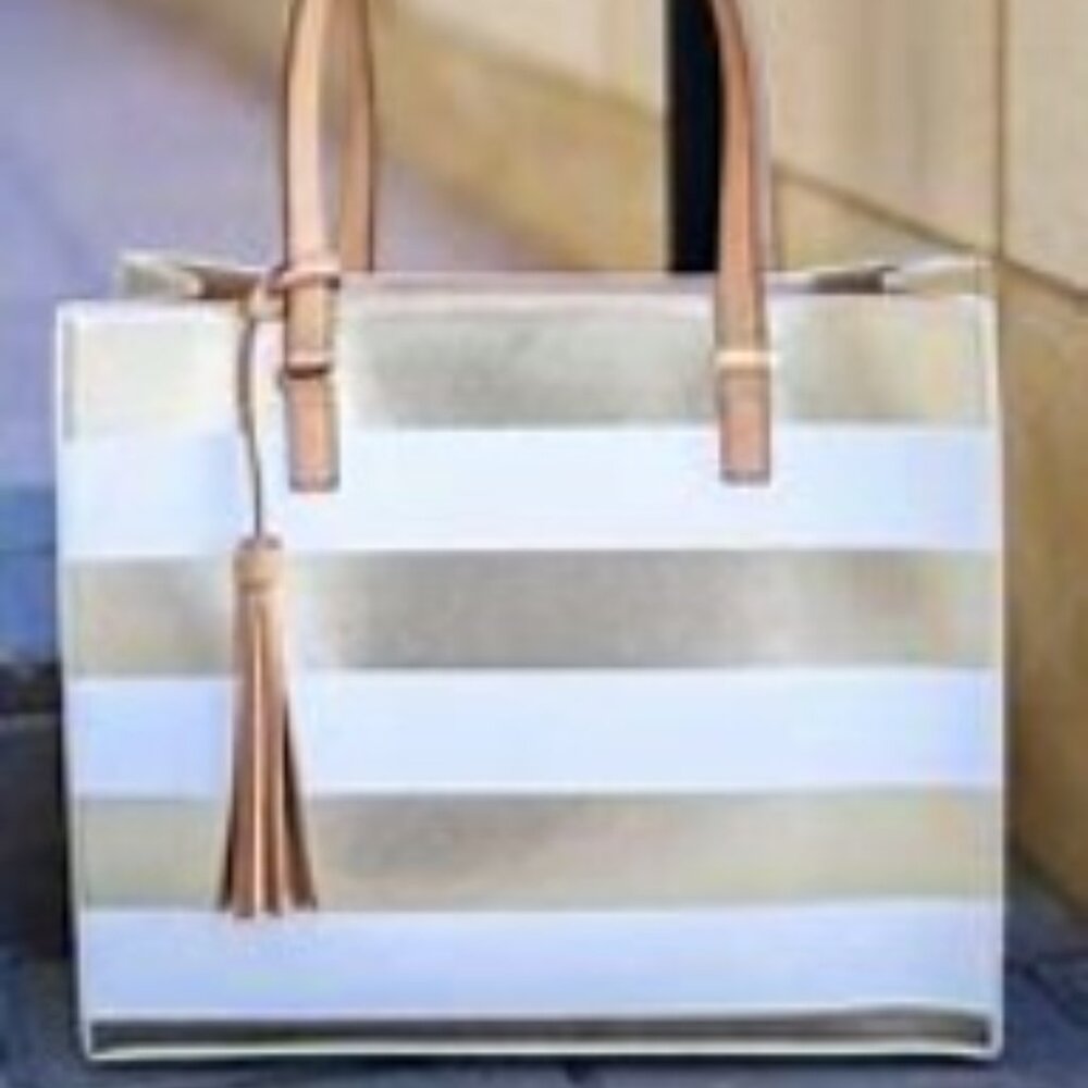 BNWT MADISON WEST metallic gold / pure white striped bag (OS)